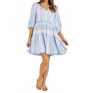 NEW RUBYYAYA neon v-neck dress in blue multi